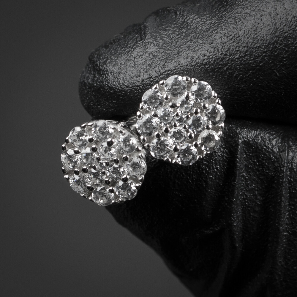 Mens Round Mini Sterling Silver Cz Cluster Earrings