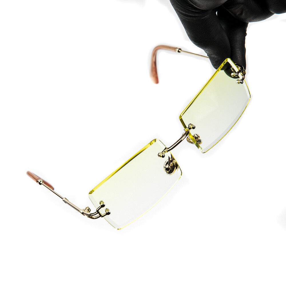 Mens Gold Rimless Canary Yellow Tint Sunglasses