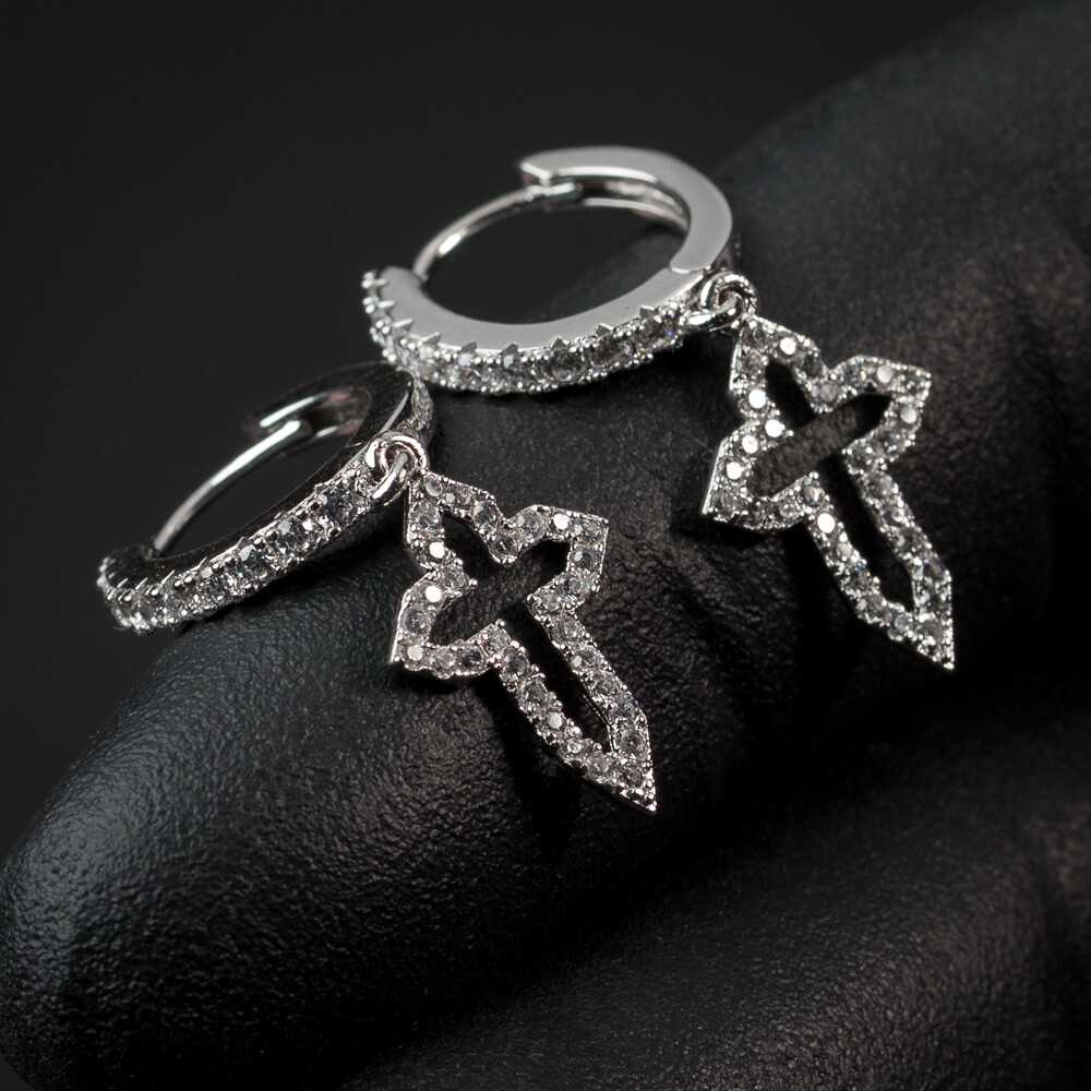 Mens Sterling Silver Iced Dangle Cross Hoop Earrings