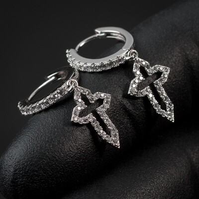 Mens Sterling Silver Iced Dangle Cross Hoop Earrings