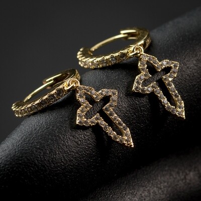 Men 14K Gold Sterling Silver Dangle Cross Hoop Earrings