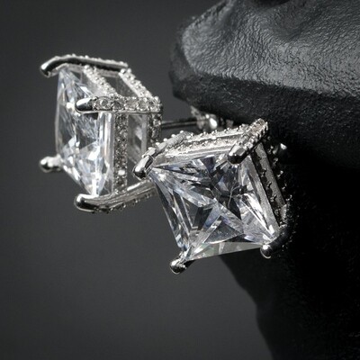 Sterling Silver Square Fully Iced Princess Cut Earrings