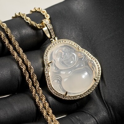 Yellow Gold Plated Iced Cz Clear Jade Buddha Pendant Necklace
