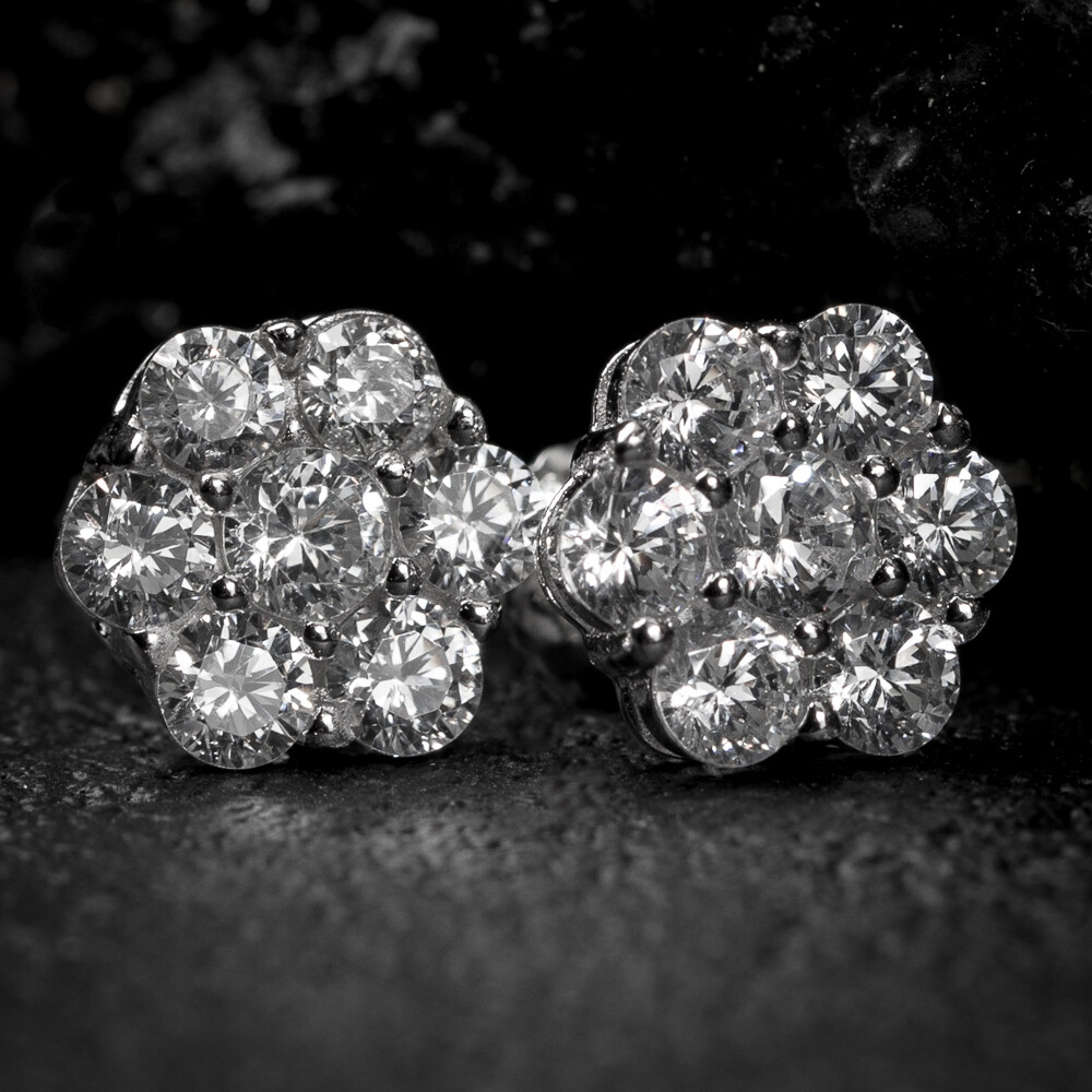 Iced Flower Cluster Sterling Silver Screw Back Post Mens Stud Earrings