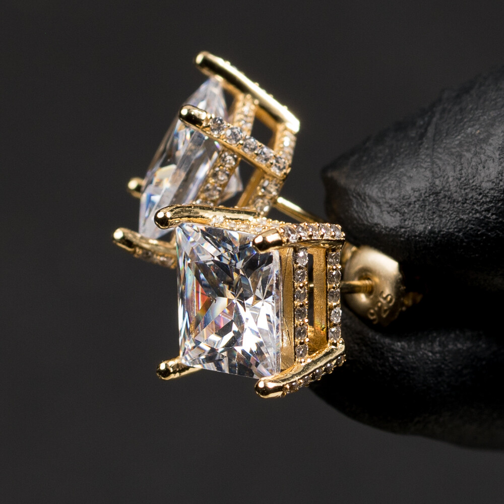 Gold Sterling Silver Square Iced Princess Cut Earrings