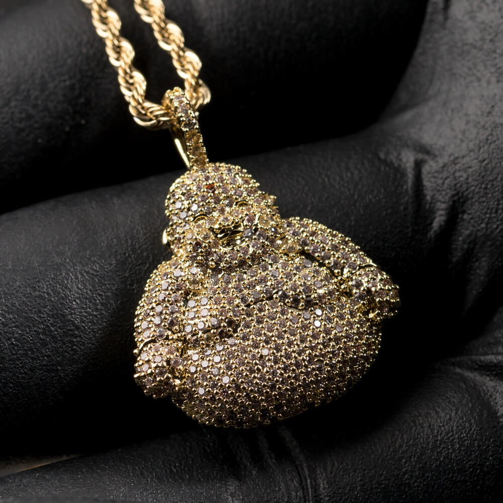 14K Gold Honey Comb Set Buddha Pendant Necklace