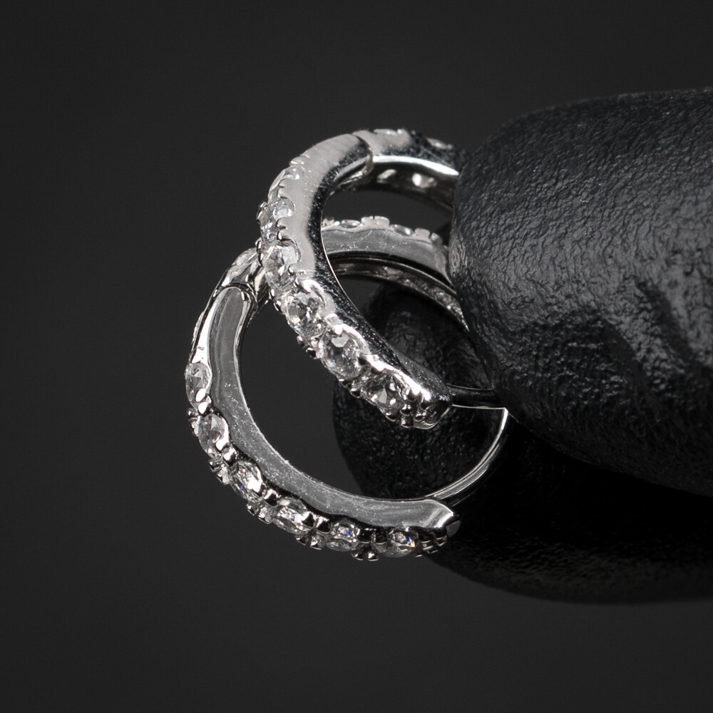 Men&#39;s Silver One Row Iced Huggie Hoop Earrings