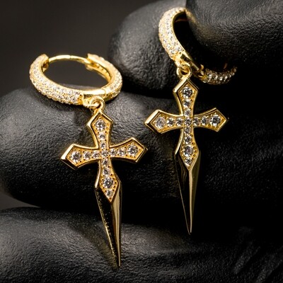 Gold Sterling Silver Dagger Dangle Cross Hoop Earrings