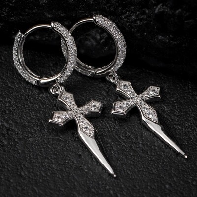 Men&#39;s Sterling Silver Dagger Dangle Cross Hoop Earrings