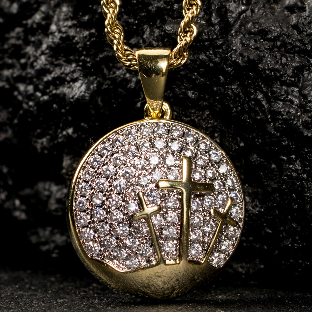 Two Tone Gold Plated Round Three Cross Pendant Necklace