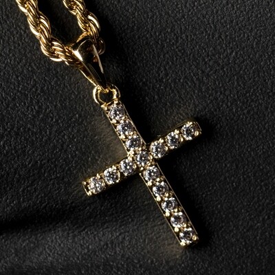 Gold Iced Mini Micro Cross Pendant Necklace
