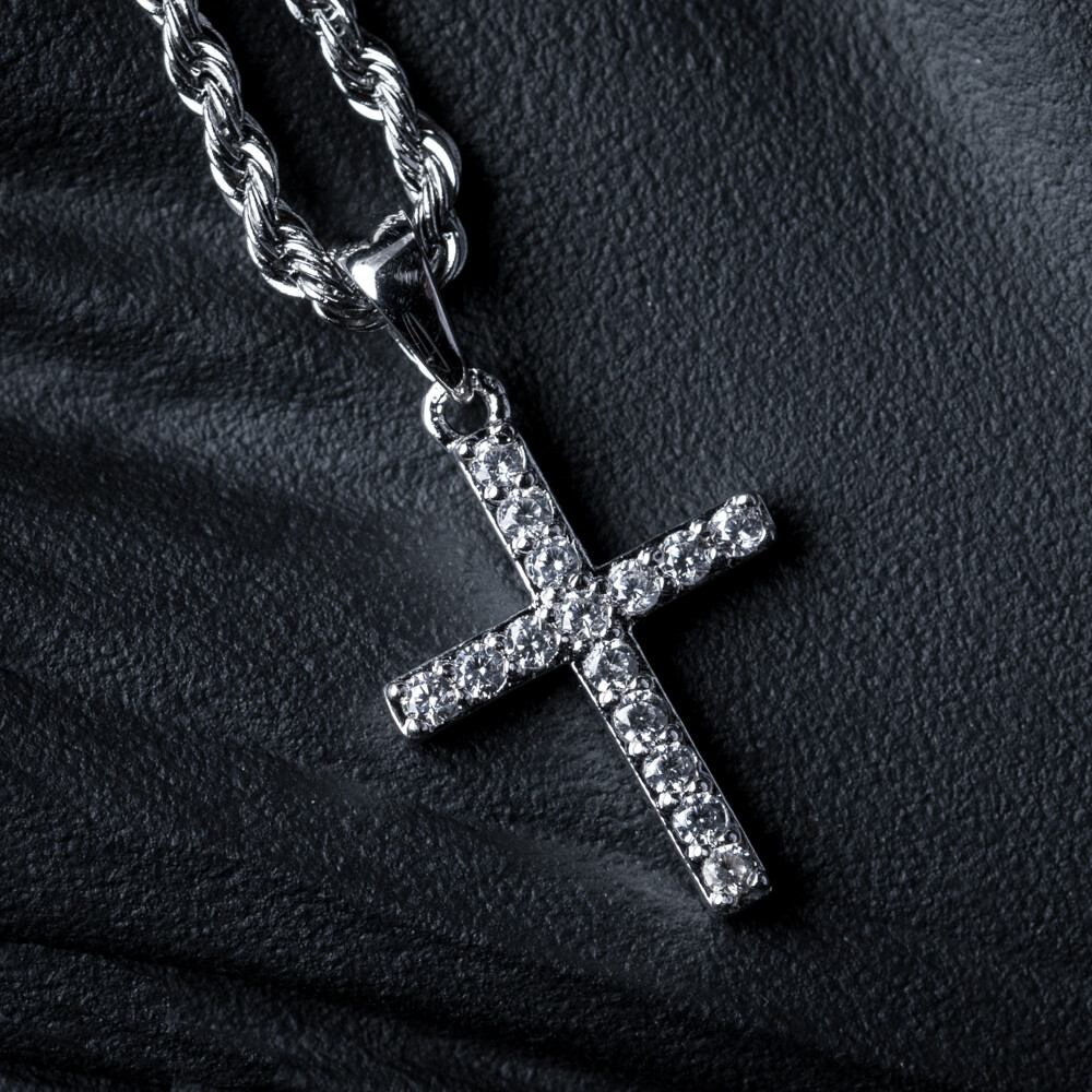 White Gold Plated Mini Micro Cross Pendant Necklace