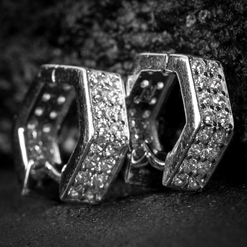 Mens Sterling Silver Iced Octagon Hoop Earrings