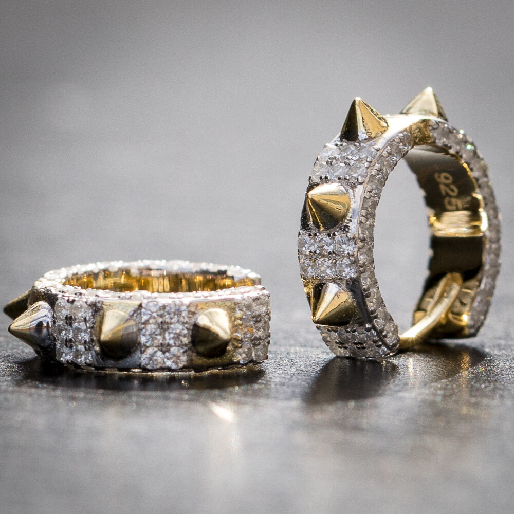 Mens Two Tone Gold Fully Iced Small Spike Hoop Earrings
