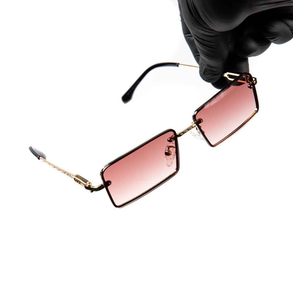 Men's Rimless Gold Frame Sunglasses - Burgundy Gradient Tint Lenses With Woodgrain Accents - UV400