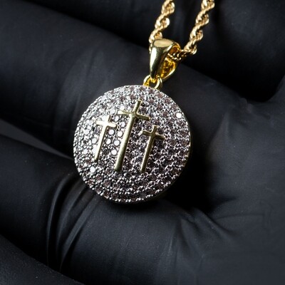 Mens Two Tone Gold Round Three Cross Pendant Necklace
