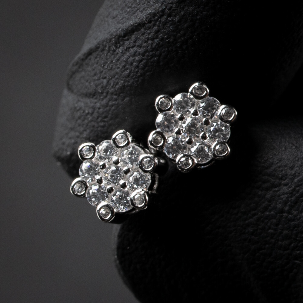 Men&#39;s Iced Snow Flake Sterling Silver Cluster Earrings