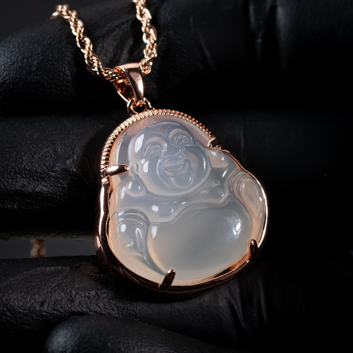 Rose Gold Iced Cz Clear Jade Buddha Pendant Necklace