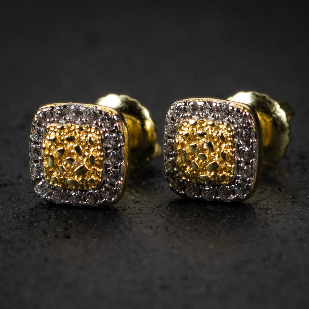 Mens Small Two Tone Gold Nugget Screw Back Earrings