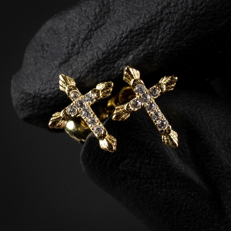 Small Gold Sterling Silver Iced Cross Stud Earrings