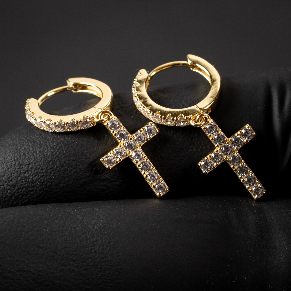 Mens Gold Dangle Cross Drop Huggie Hoop Earrings