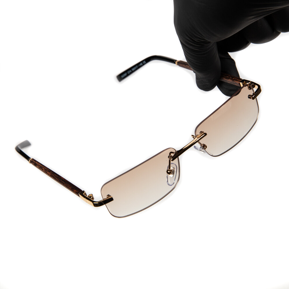 Mens Gold Frame Tan Tint Rimless Woodgrain Sunglasses