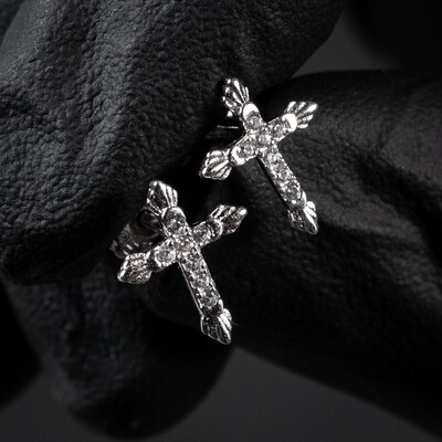 Men's Small Sterling Silver Iced Cross Stud Earrings