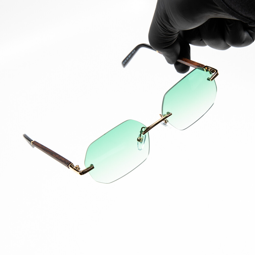 Mens Gold Frame Turquoise Tint Rimless Sunglasses