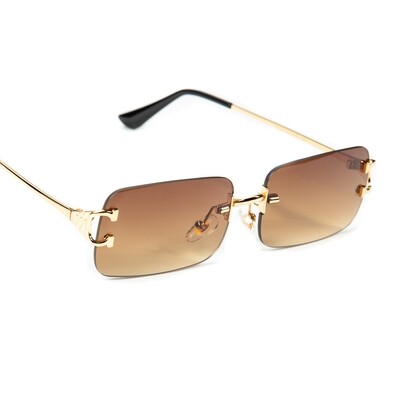 Brown Tint Gold Frame Rectangle Rimless Sunglasses​