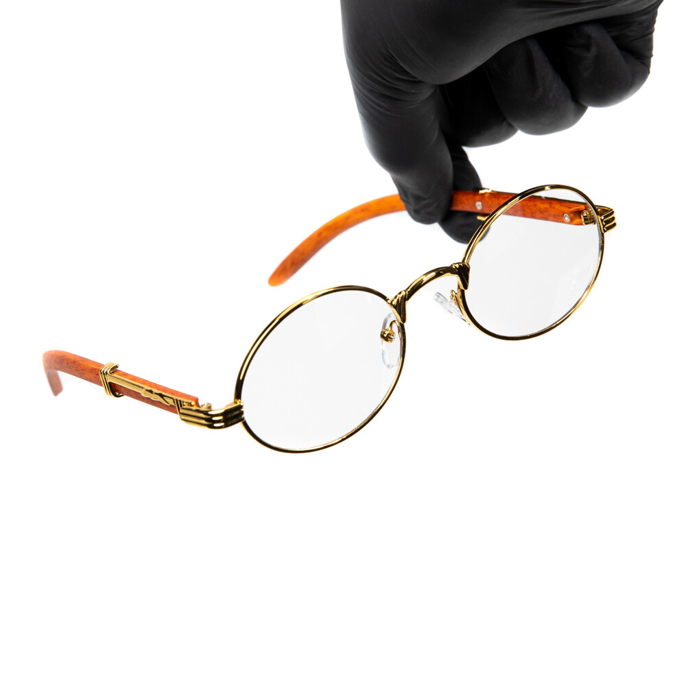 ​Men&#39;s Red Wood Round Clear Lens Gold Frame Glasses