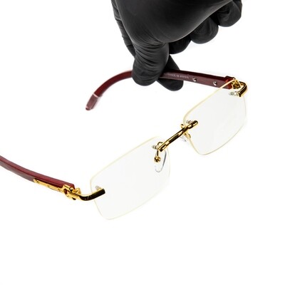 Mens Gold Frame Woodgrain Rimless Clear Tint Glasses