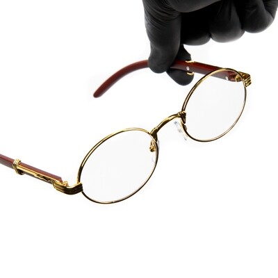 ​Men's Round Gold Frame Clear Lens Woodgrain Glasses
