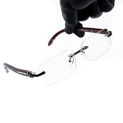 Mens Woodgrain Silver Rimless Clear Lens Glasses