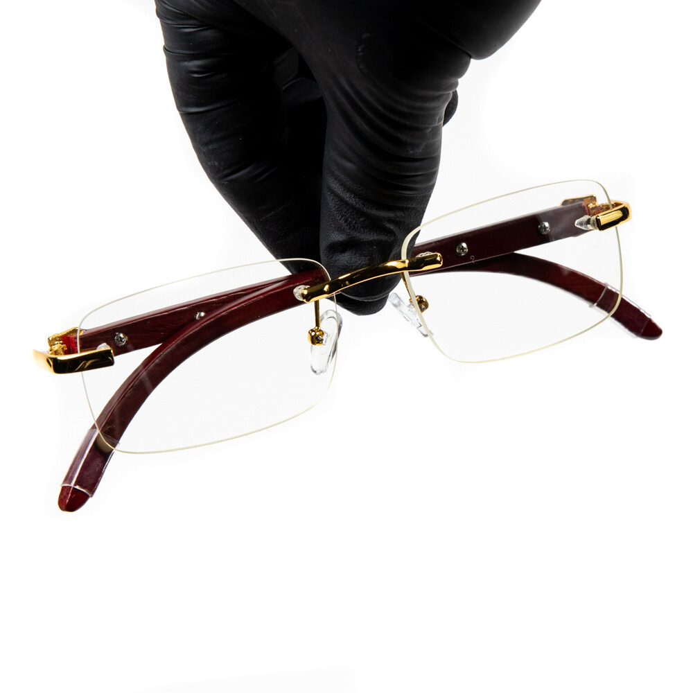 Men&#39;s Woodgrain Gold Frame Rimless Clear Lens Glasses