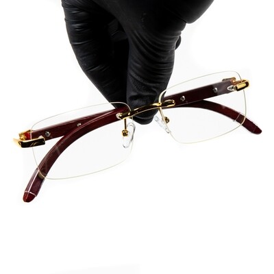 Men's Woodgrain Gold Frame Rimless Clear Lens Glasses