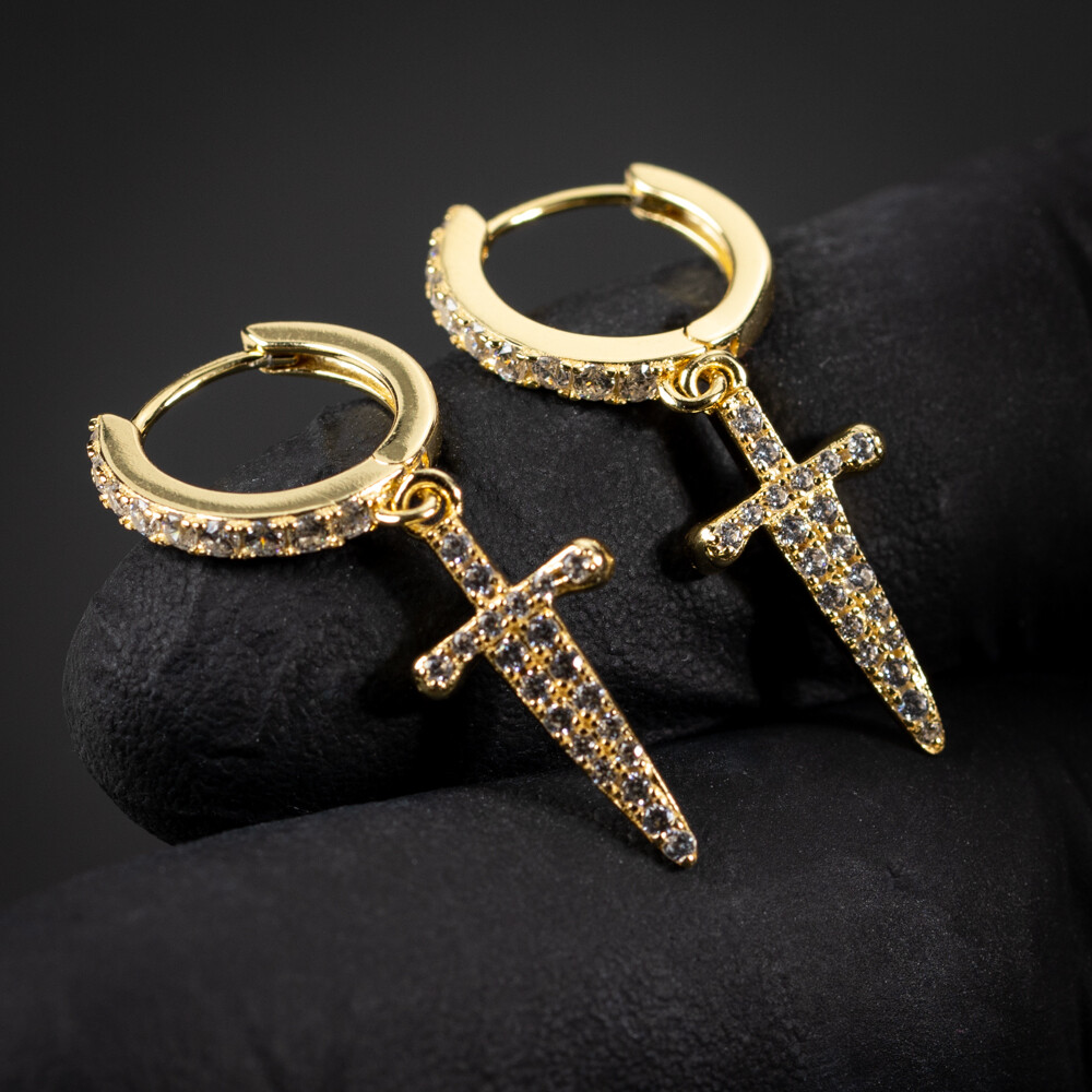 Mens Gold Sterling Silver Dagger Cross Hoop Earrings