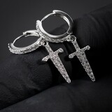 Mens Iced Sterling Silver Dagger Cross Hoop Earrings