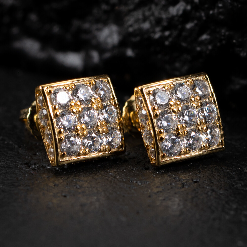 Men&#39;s Gold Sterling Silver Pointer Square Stud Earrings