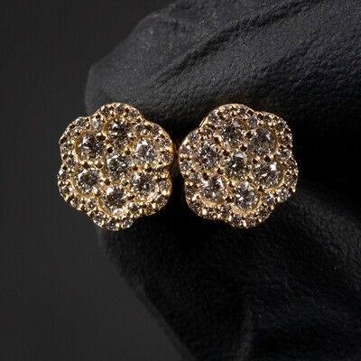 Real 14K Yellow Gold Flower Cluster Stud Earrings