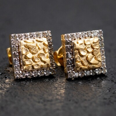 Men's 14K Gold Nugget Square Diamond Stud Earrings