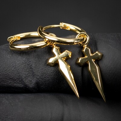 Mens Gold Dagger Sword Cross Hoop Earrings