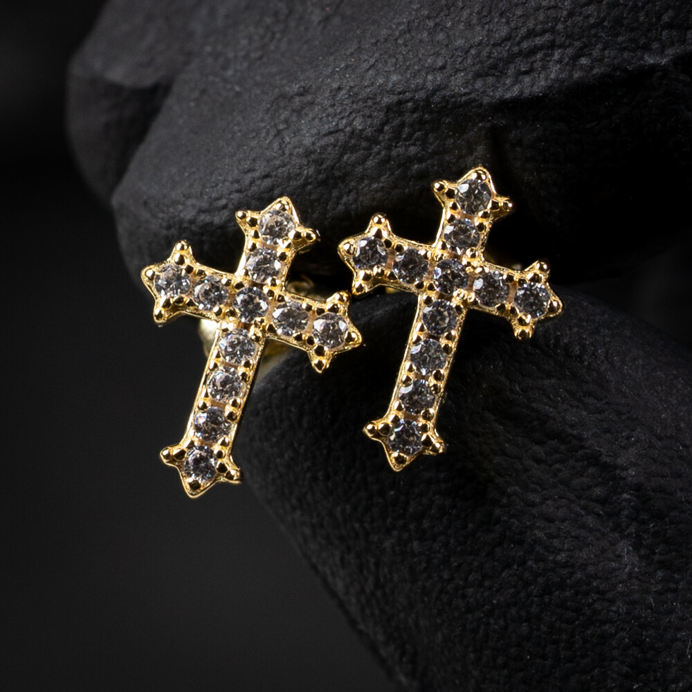 Men&#39;s Small Gold Iced Cross Stud Screw Back Earrings