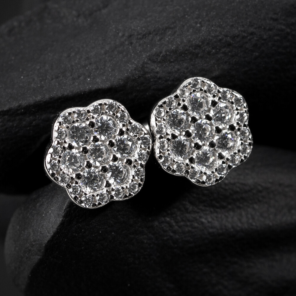 Men's Sterling Iced Flower Cluster Stud Earrings Men's Sterling Iced Flower Cluster Stud Earrings