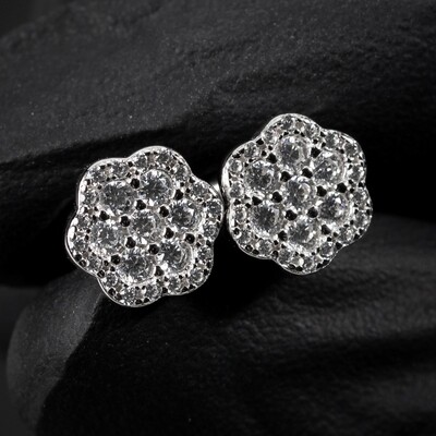 Men's Sterling Iced Flower Cluster Stud Earrings