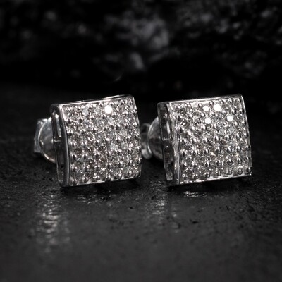 10K White Gold 3D Square Natural Diamond Earrings