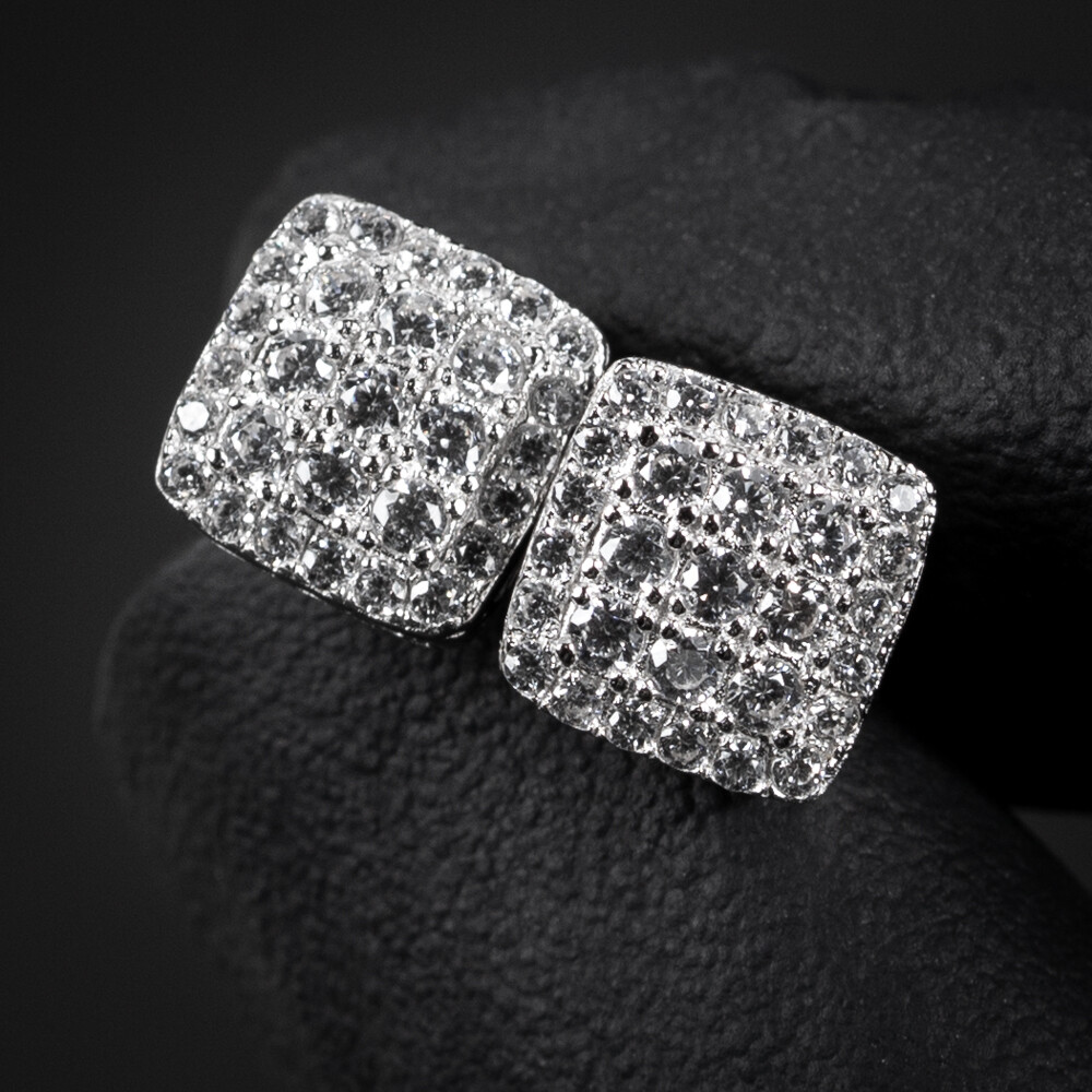 Square 925 Sterling Silver Small Iced Stud Earrings