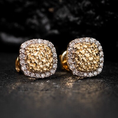 Two Tone Gold Square 0.20Ct Diamond Nugget Earrings