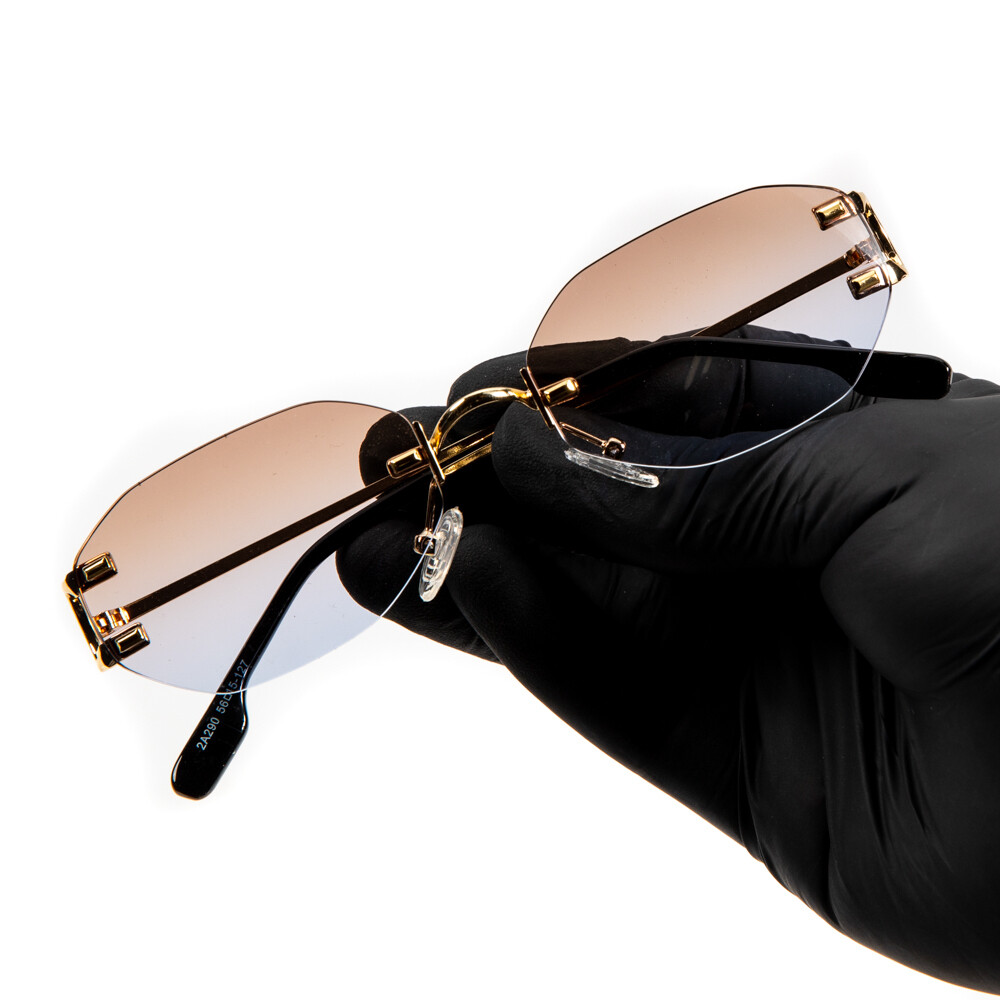 Men's Rimless Gold Frame Sunglasses - Gray Tan Gradient Tint, Woodgrain Detail, Hip Hop Style