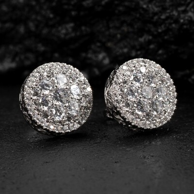Large White Gold Sterling Silver Round Cluster Earrings