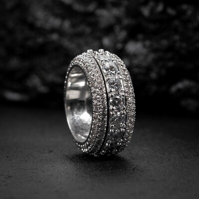 Men's White Gold Plated Iced Pointer Layered Eternity Ring